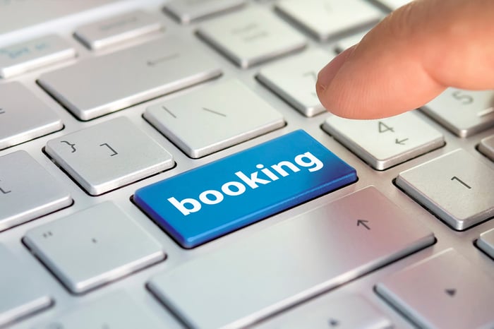 A finger about to hit a computer key that says "booking"