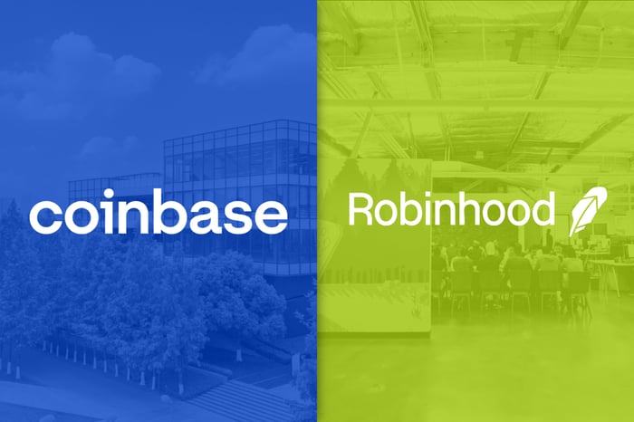 The corporate logos of Coinbase and Robinhood.