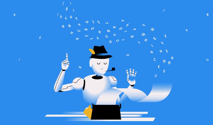 Cartoon of an AI bot typing on a typewriter.