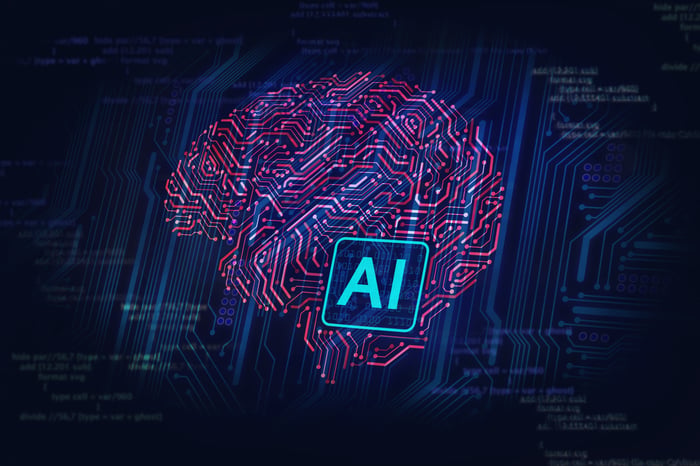 A chip with "AI" on it inside of a digital brain.