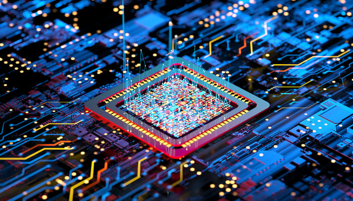 A chip lights up in a computer.