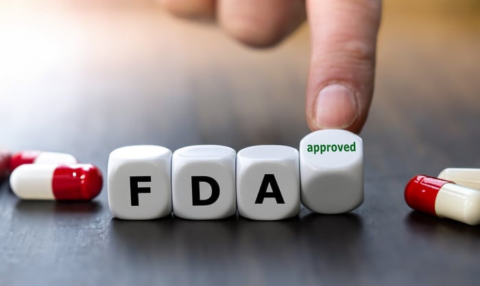 Dice that read "FDA approved" with capsules nearby.