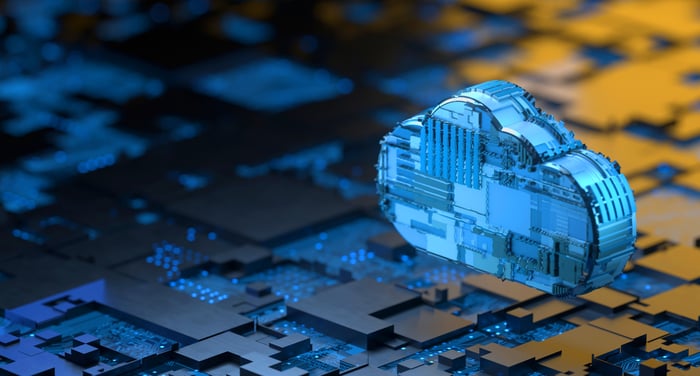 An illustration of a digital cloud on a circuit board.