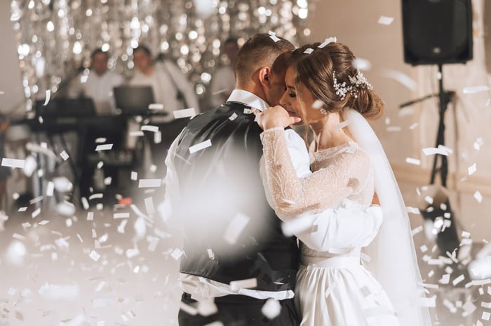 Couple dancing at their wedding reception. 