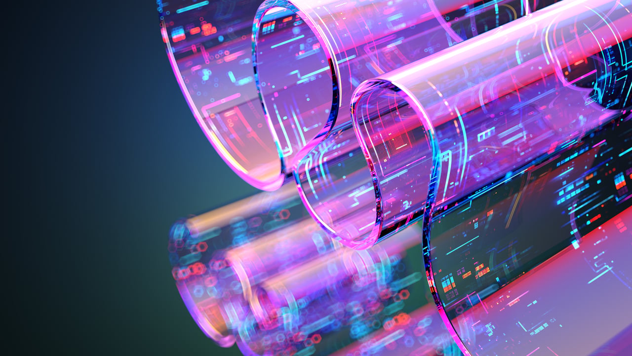 Abstract image showing folding plastic waves with binary code coursing through, illustrating the growing importance of artificial intelligence.