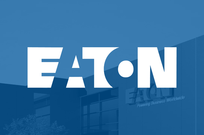 Eaton's logo on a blue backdrop.