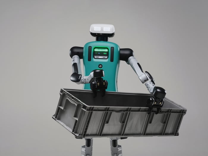 Agility Robotics' Digit 5 is handling a tote.