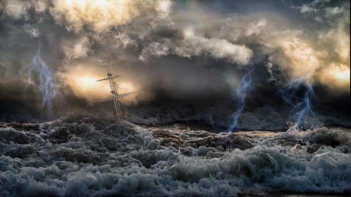 A storm causing choppy seas.