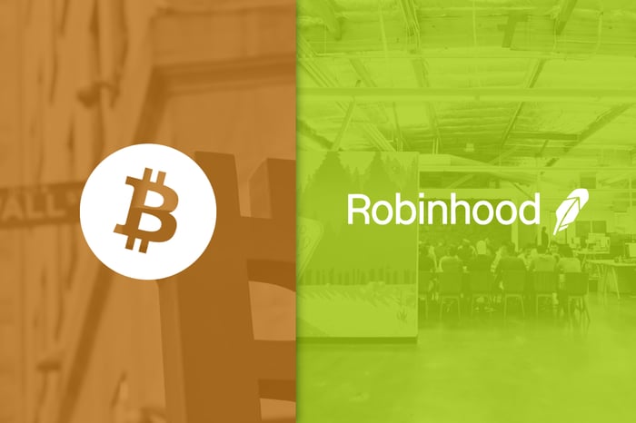 The official logos of Bitcoin and Robinhood.