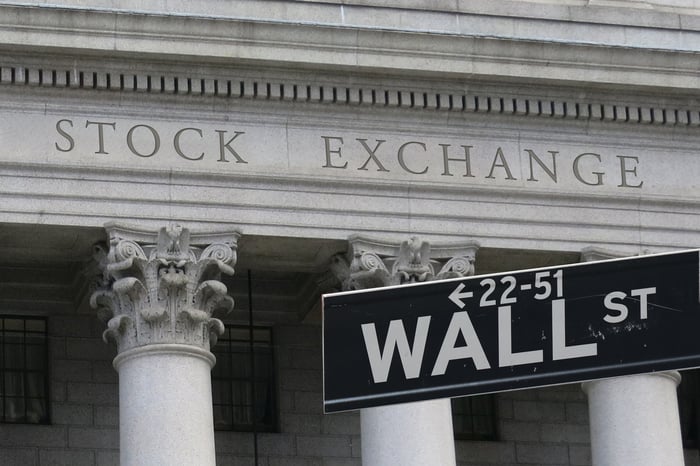 Wall street sign in from the New York Stock Exchange building.