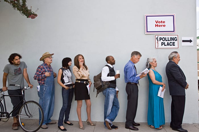 Voters stand in line on Election Day.