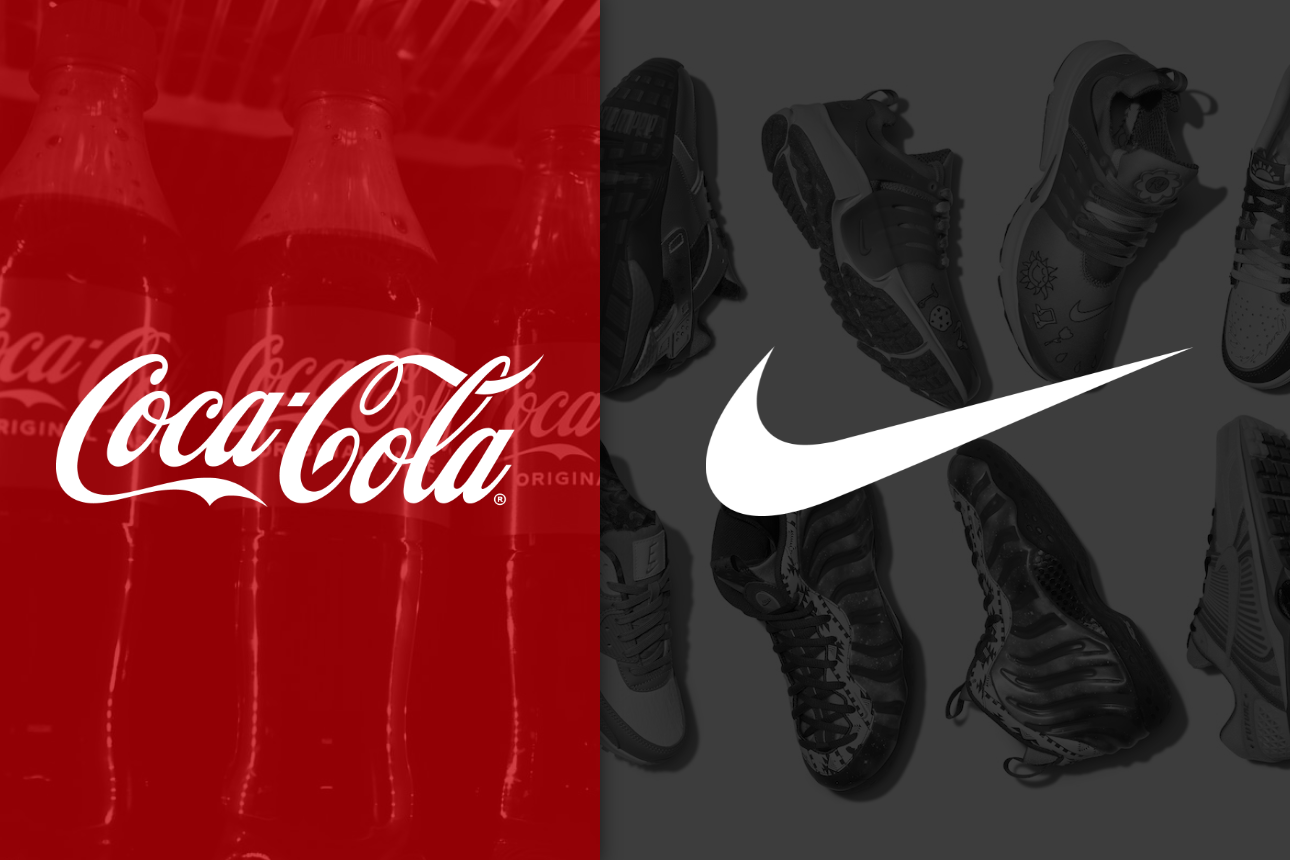 Coca-Cola logo on left on red filter and Nike logo on right on black filter_ The Motley Fool