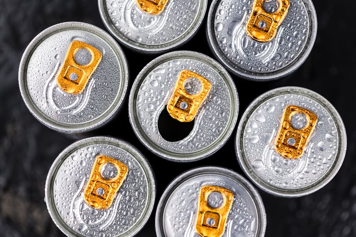 The top of a bunch of energy drinks.