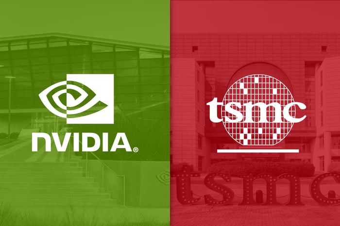 Nvidia and TSMC logos side by side on green and red backgrounds.