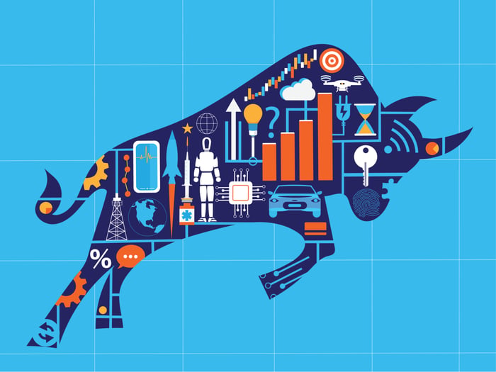 A cartoon illustration of a bull with tech symbols represents a bull market in tech stocks.