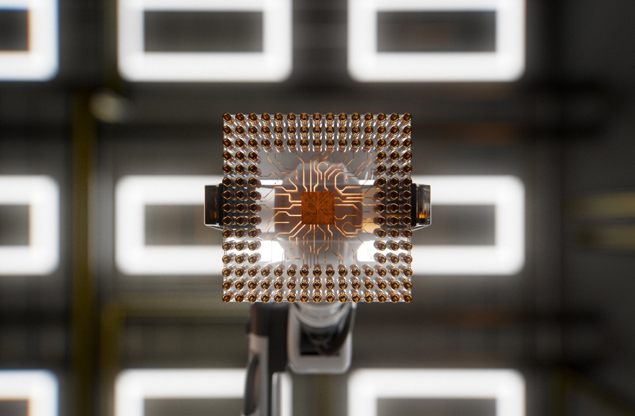 Digitally generated image featuring a robotic arm holding a chip surrounded by intricate circuitry.