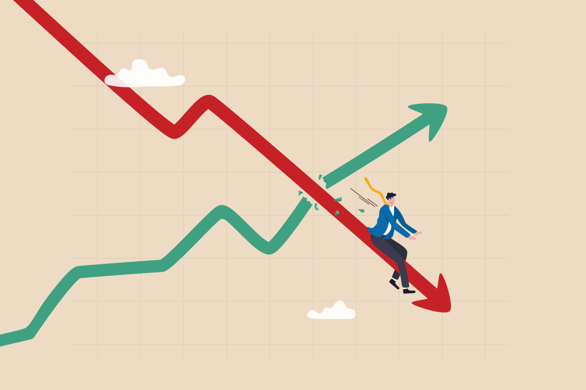 Illustration of a person riding a stock chart arrow downward.