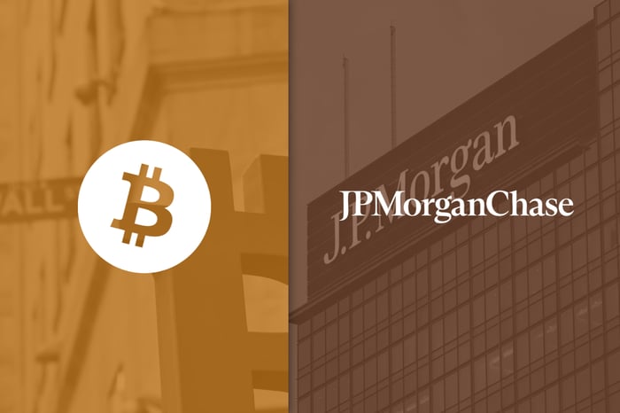 Bitcoin and JPMorganChase logos side by side on orange and brown backgrounds. 