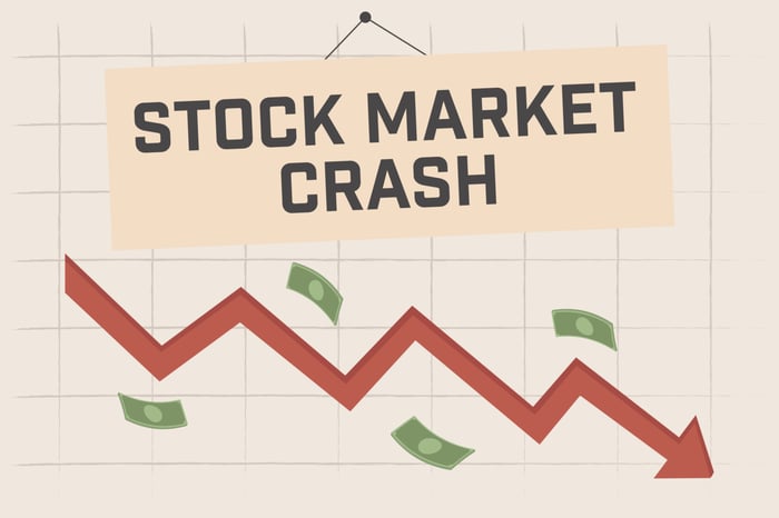 An illustration shows a sign saying "Stock Market Crash" with a declining red arrow. 