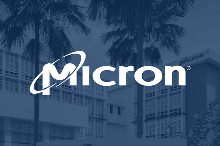 The Micron logo on a blue background.