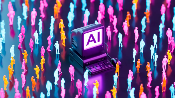 An AI computer in a crowded room of people.
