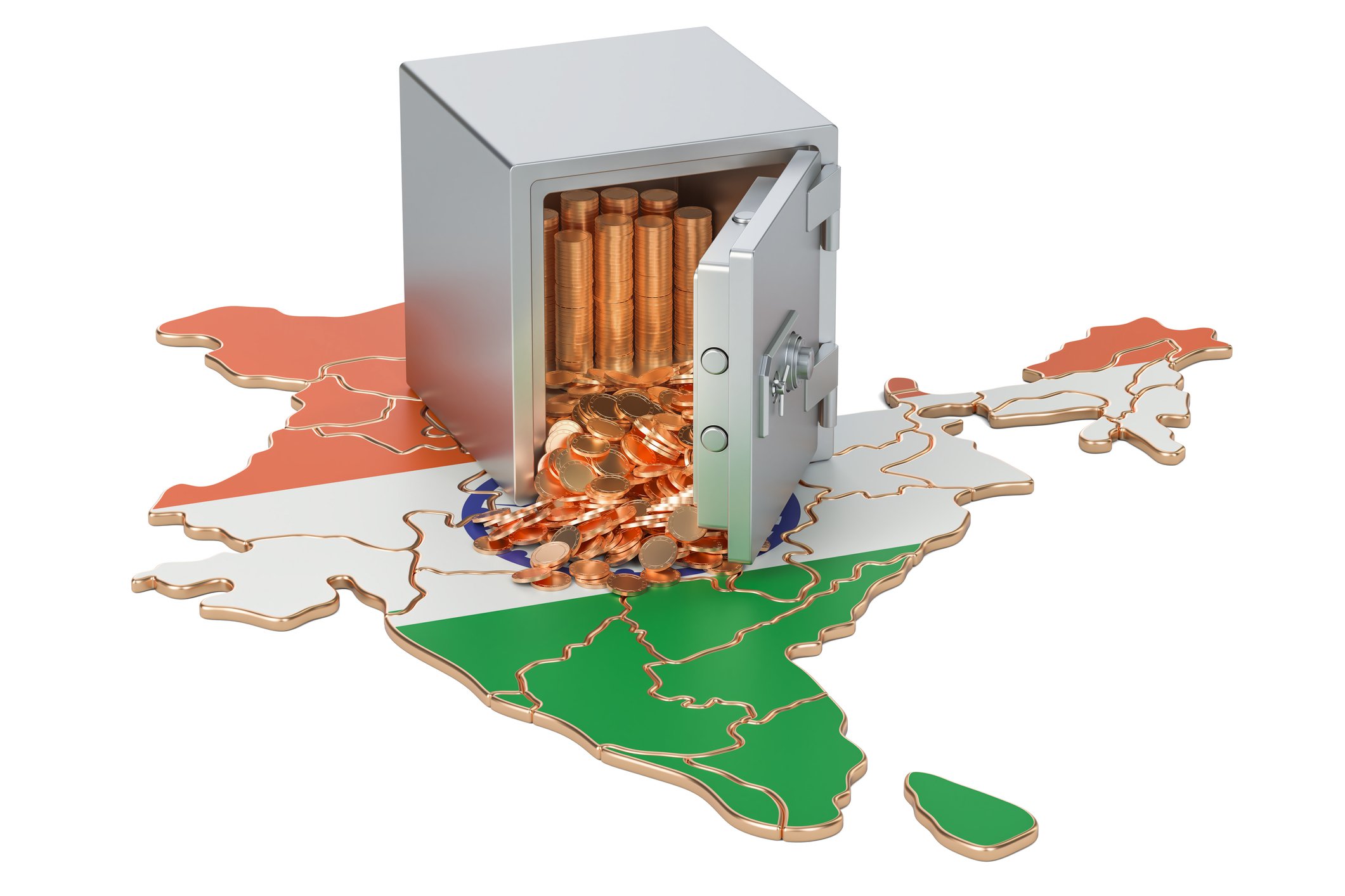 gold coins falling out of a safe atop a map of India