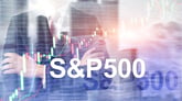 A male torso in the background with arms folded stock charts and the text S&P 500 in the foreground
