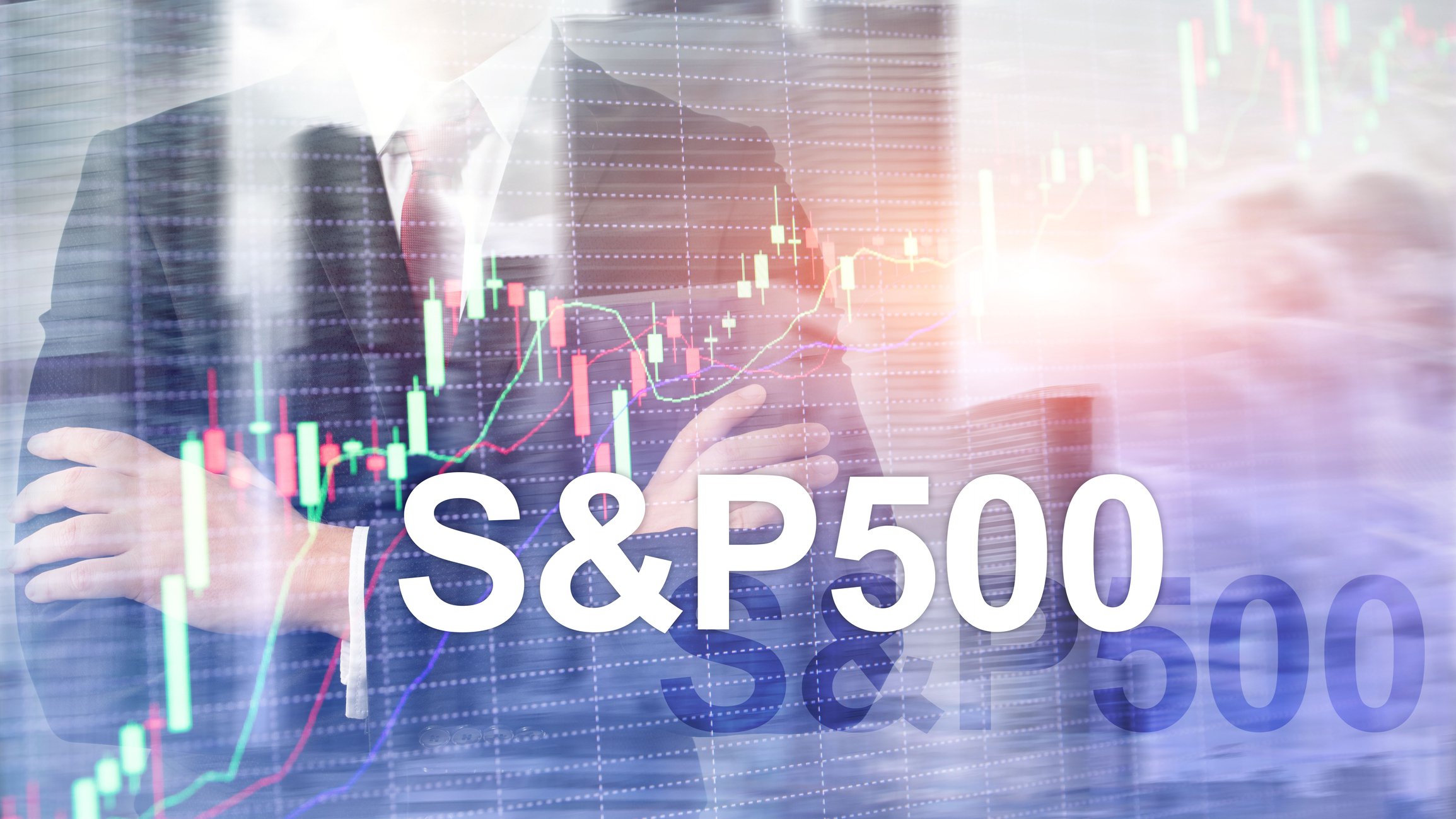 A male torso in the background with arms folded stock charts and the text S&P 500 in the foreground