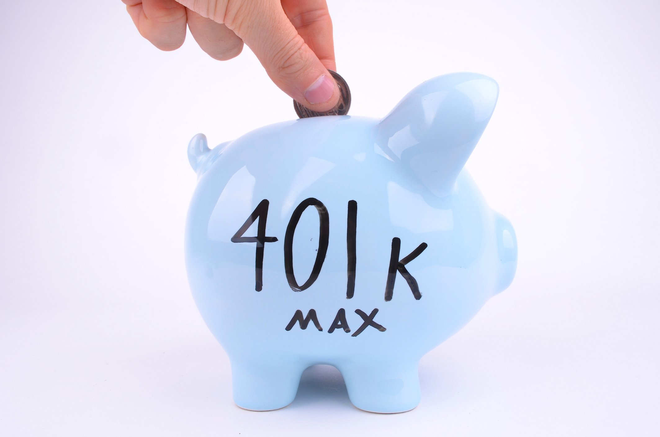 Blue piggy bank with 401k Max written on its side