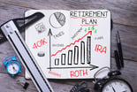 The words Retirement Plan and IRA written on graph notebook with other symbols