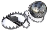 A bear trap with an attached weighted ball that has the word Debt engraved on it