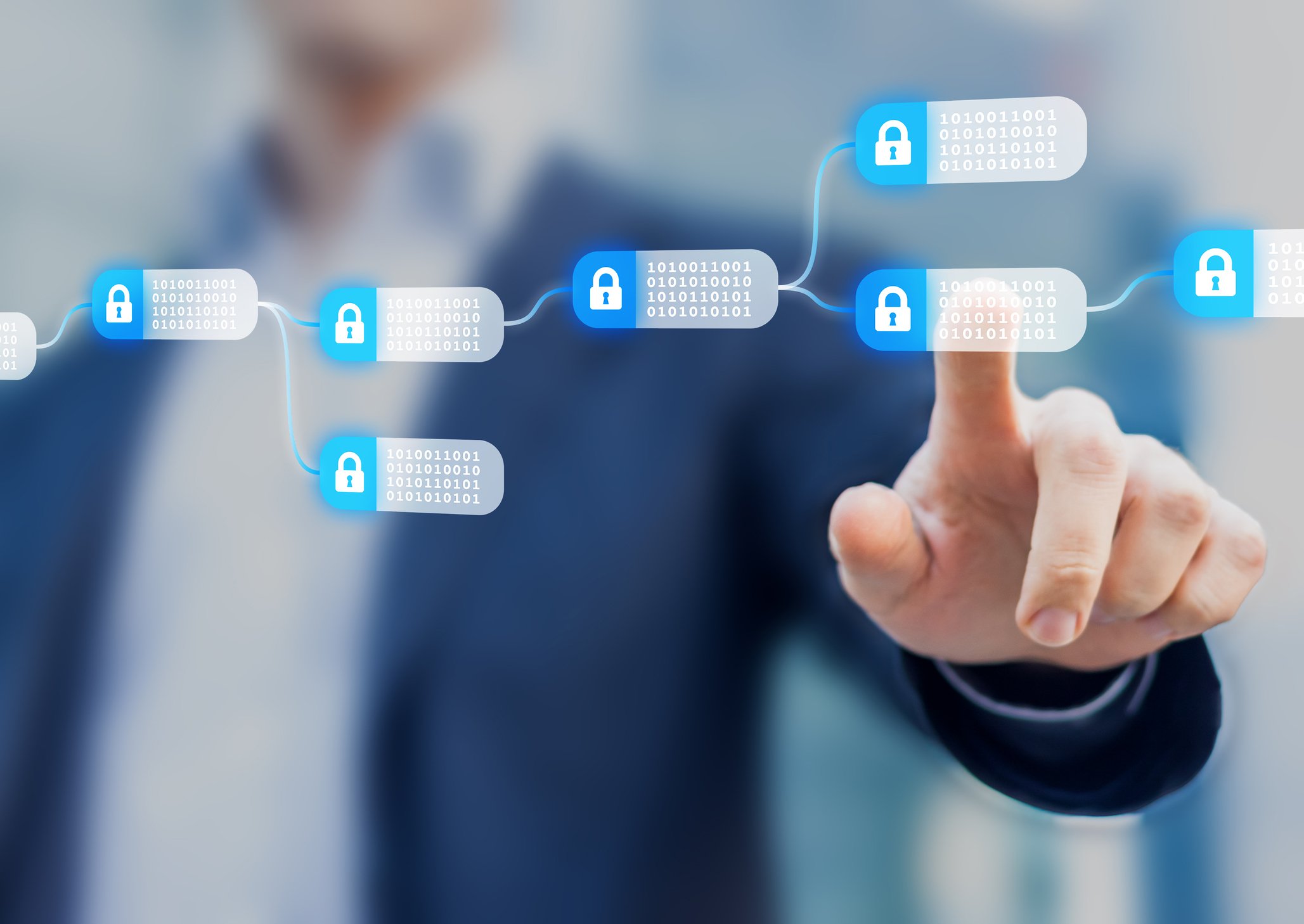 Encrypted block in blockchain on a digital screen