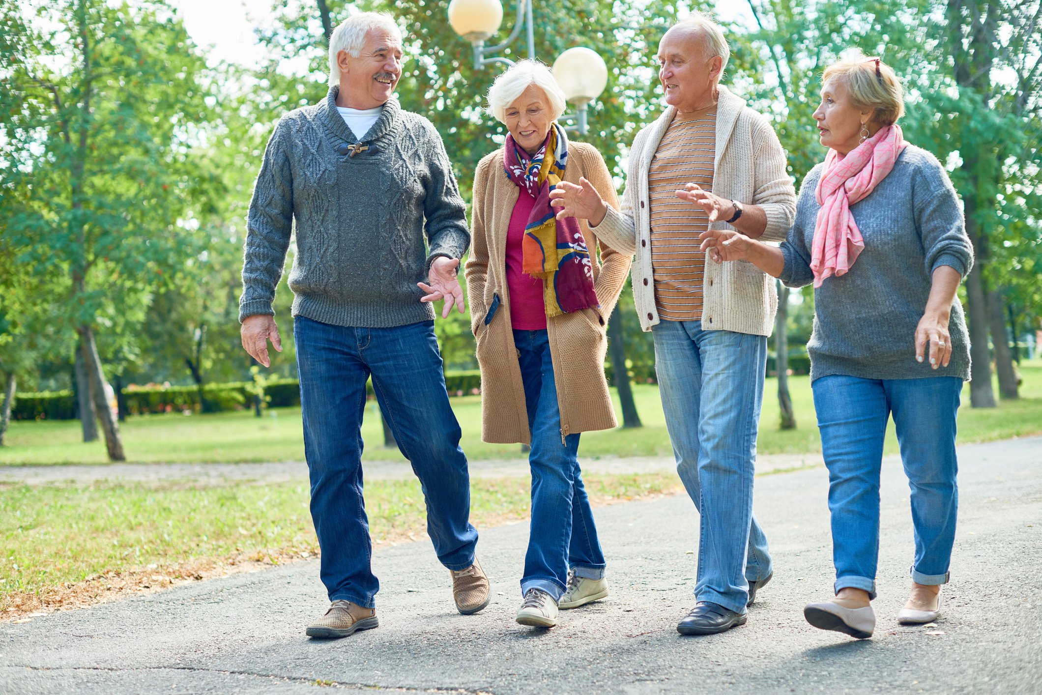four people walking through a park and talking