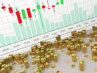 Random stacks of gold coins in front of a bar and volume chart.