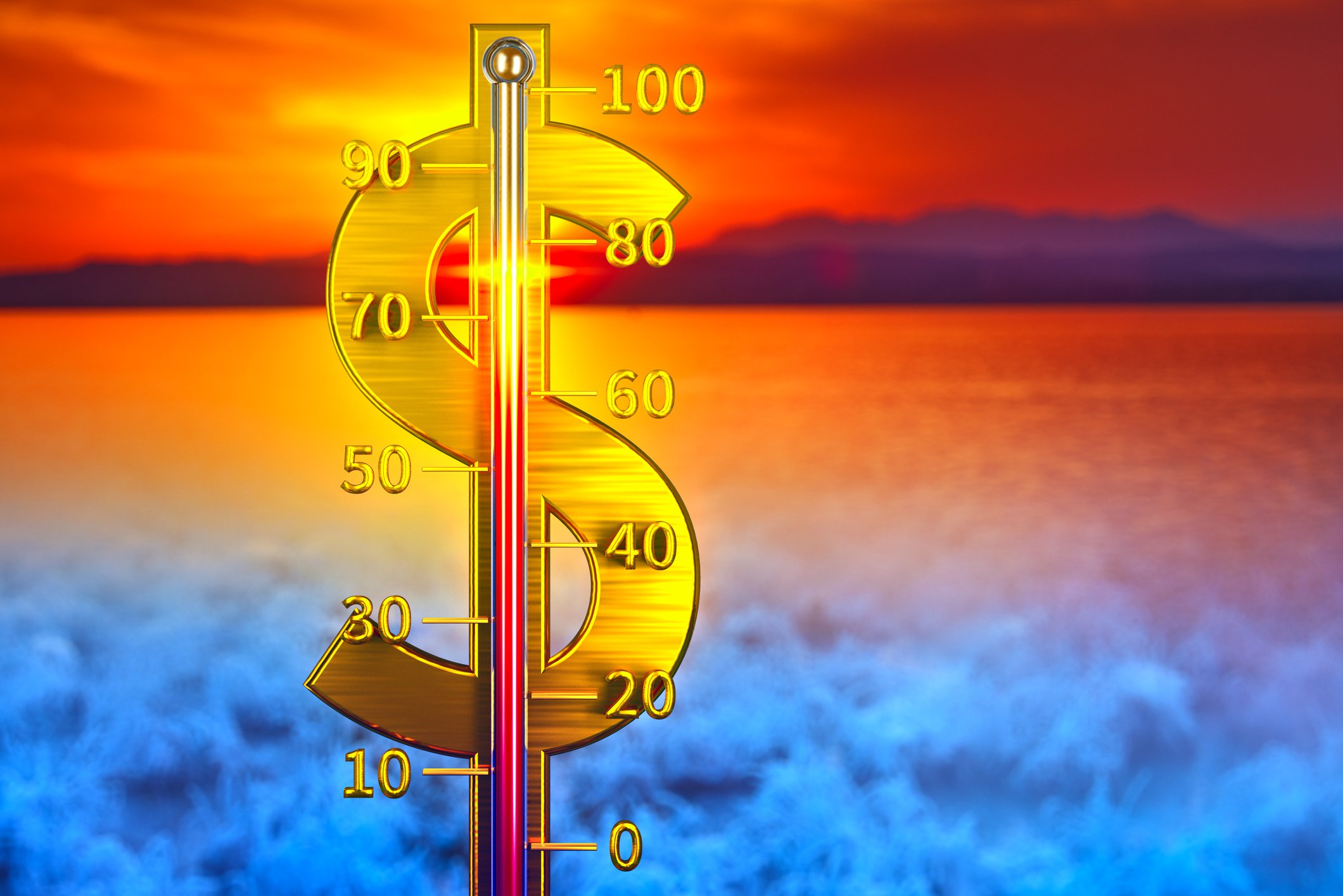 A thermometer in the shape of a dollar sign with blue to red shades in the background
