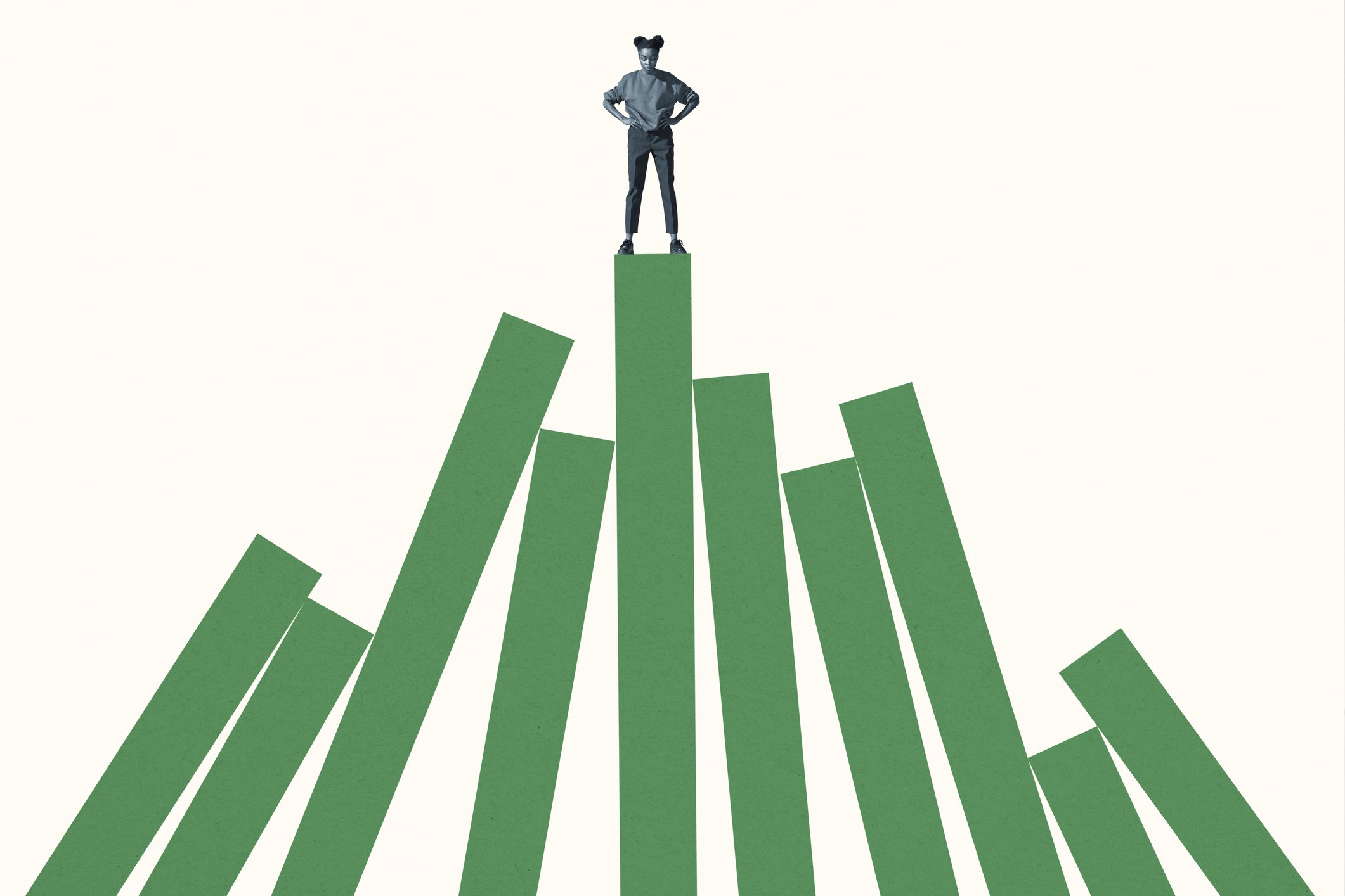 Woman standing on bar chart.