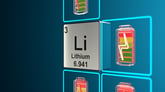 A periodic table, with the element "lithium" and illustrations of batteries in focus.