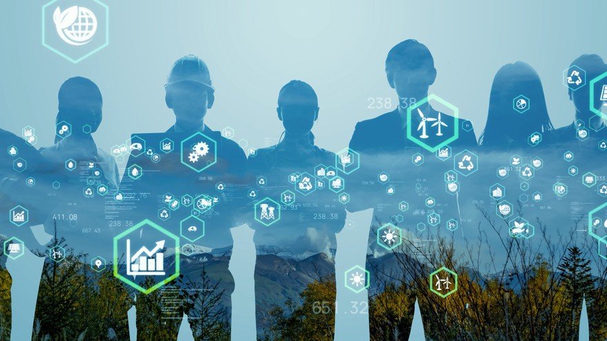 A group of people surrounded by clean energy icons.