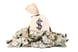 a money bag on a pile of cash