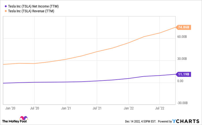 Chart showing rise in Tesla's revenue, and much smaller rise in its net income, since 2020.