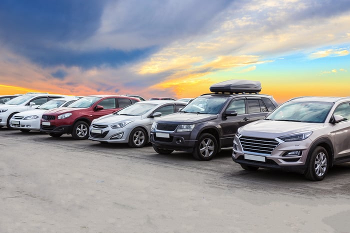A row of cars parked at an auto dealership.