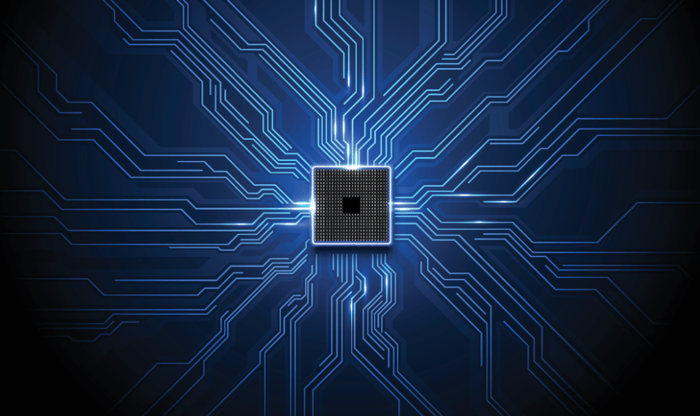 Semiconductor chip immersed in a blue background