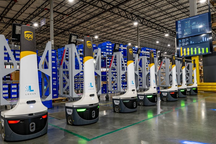 Automated sorting robots in a UPS warehouse.
