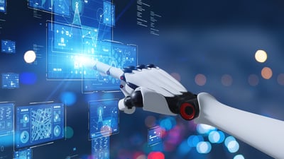 AI robot touching digital screen