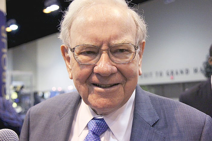 close-up shot of Warren Buffett being interviewed.