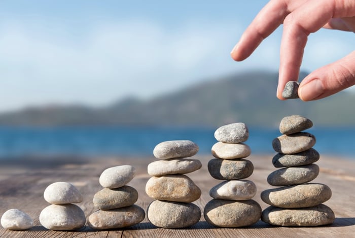 Six piles of pebbles arranged side by side, each taller than the last.