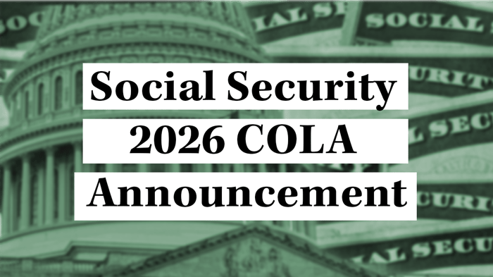 The words, Social Security 2026 COLA announcement, overlaying Social Security cards and an image of the Capitol building.