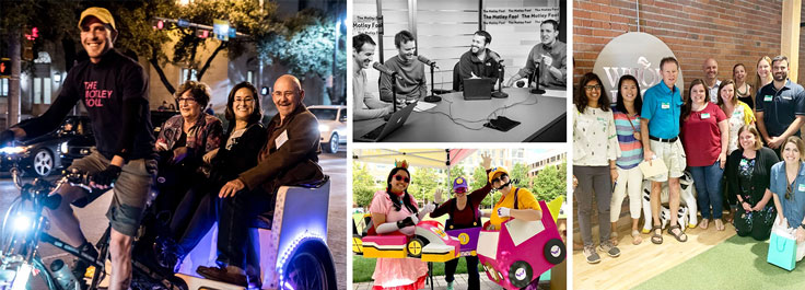 A collage of members and Motley Fool employees having fun and recording a podcast.