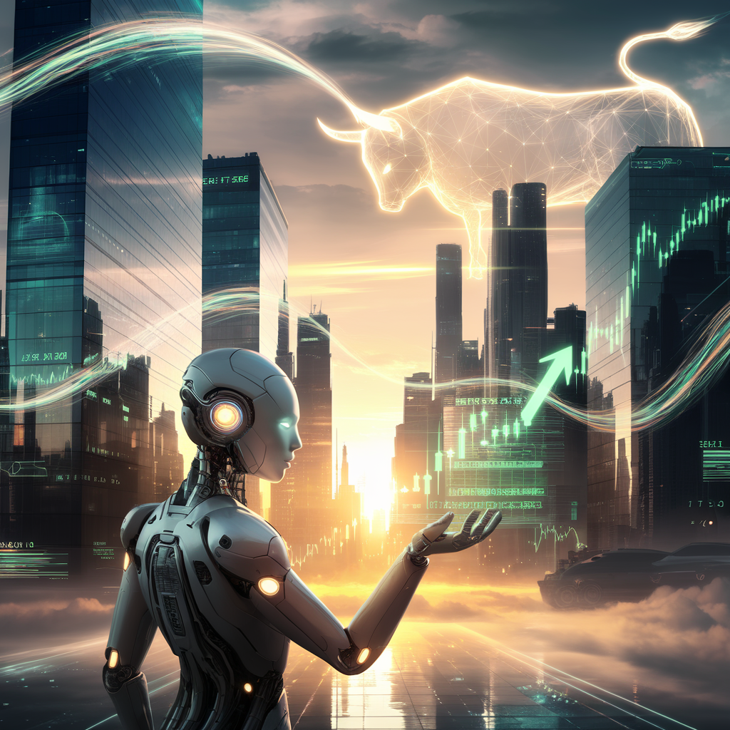 An AI robot in front of an AI-powered cityscape with a giant bull made up of network connections in the sky.