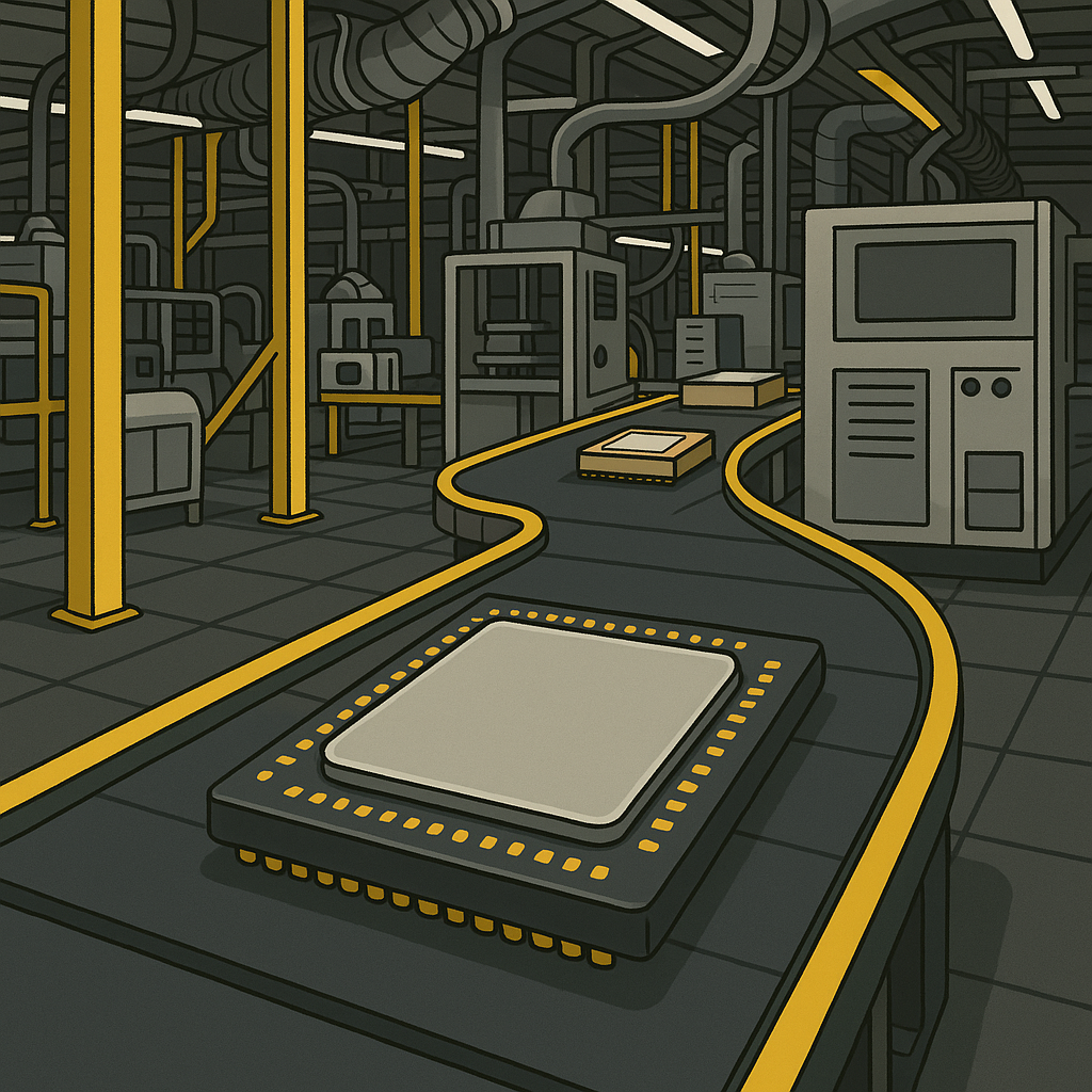 Semiconductors on a conveyor belt in a production line. Image from JesterAI.